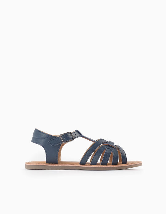 Leather Sandals for Girls, Dark Blue
