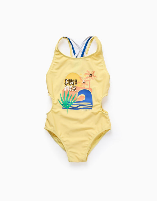 مايوه بكشكشة وحمالات ثلاثية للبنات، أصفر