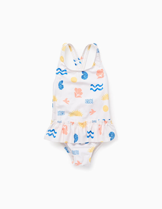 Swimsuit with Motif and Ruffles for Baby Girls, White