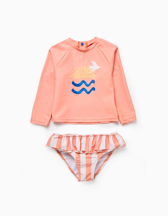 UPF 80 T-shirt + Ruffled Swim Briefs for Babies and Girls 'Sun', Coral
