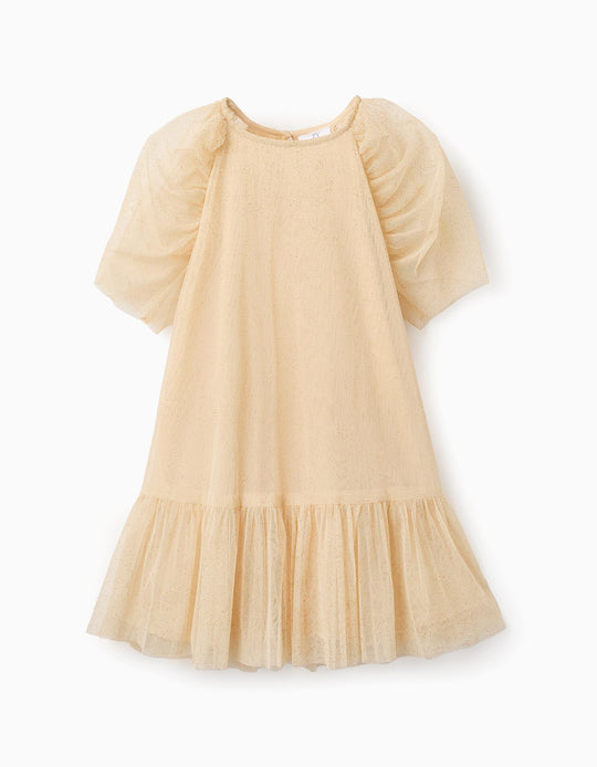 Tulle Dress with Glitter for Girls, Beige