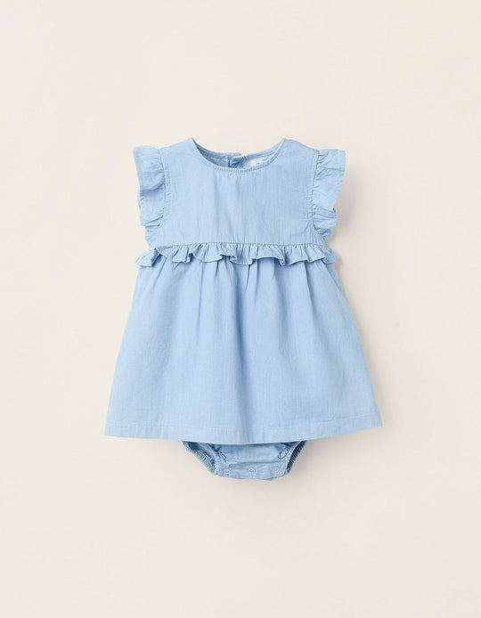 فستان دنيم مع بلومرز مدمج للبنات الرضع، أزرق
