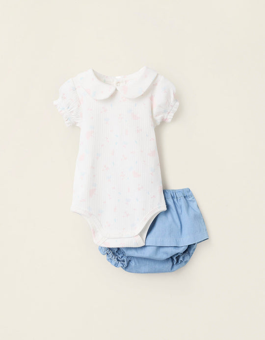 Bodysuit + Bloomers for Newborn Girls, White/Blue