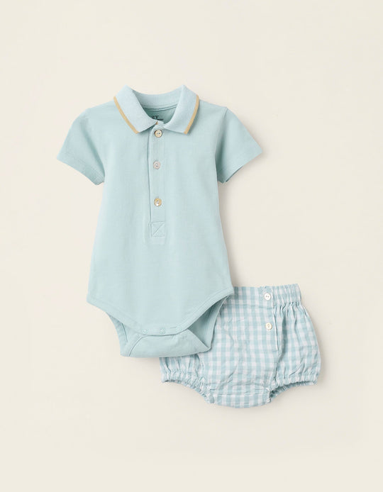 Bodysuit + Bloomers in Vichy for Newborns, Aqua Green