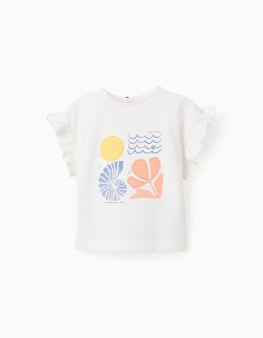 Cotton T-shirt with Ruffles for Baby Girls 'Free as the Sea', White