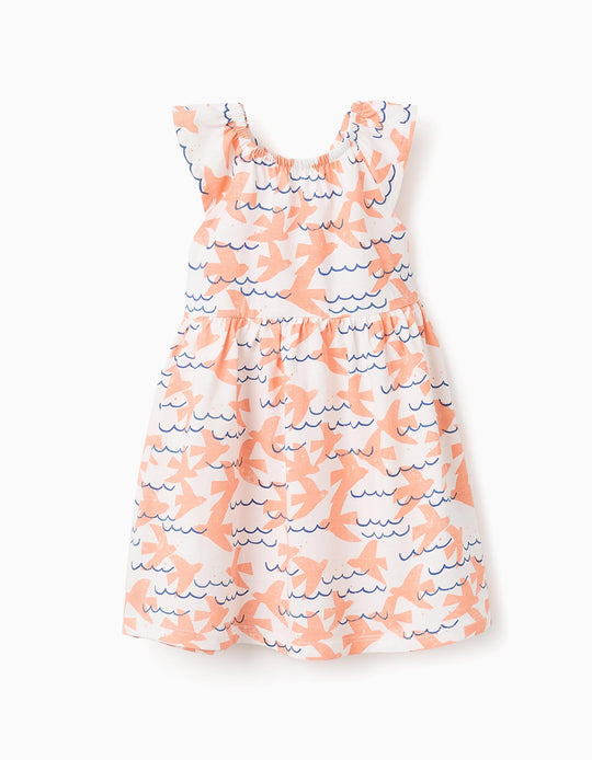 Cotton Dress with Motif for Baby Girls, White/Multicolour