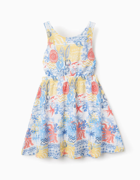 فستان بدون أكمام برسمة للبنات، أصفر/أزرق/أبيض