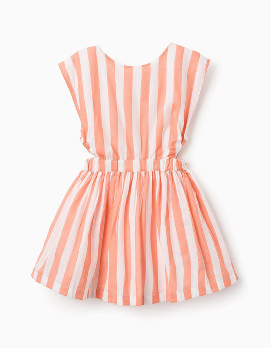 فستان قطني مخطط للبنات، أبيض/برتقالي