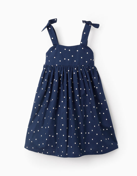 فستان بوبلين منقط للبنات، أزرق داكن