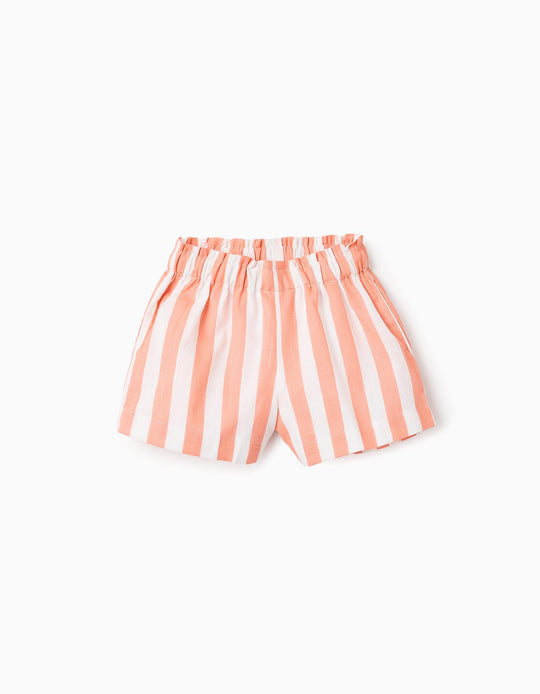 شورت قطني مخطط للبنات، أبيض/برتقالي
