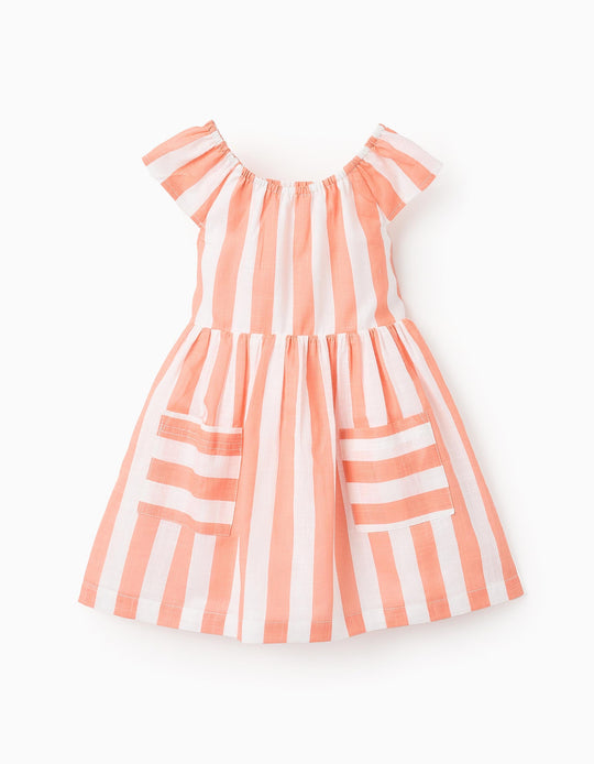فستان قطني مخطط للبنات الرضع، أبيض/برتقالي