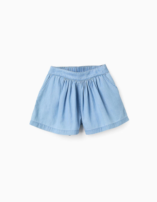 Shorts with Gathered Detail in Lightweight Denim for Girls, Blue