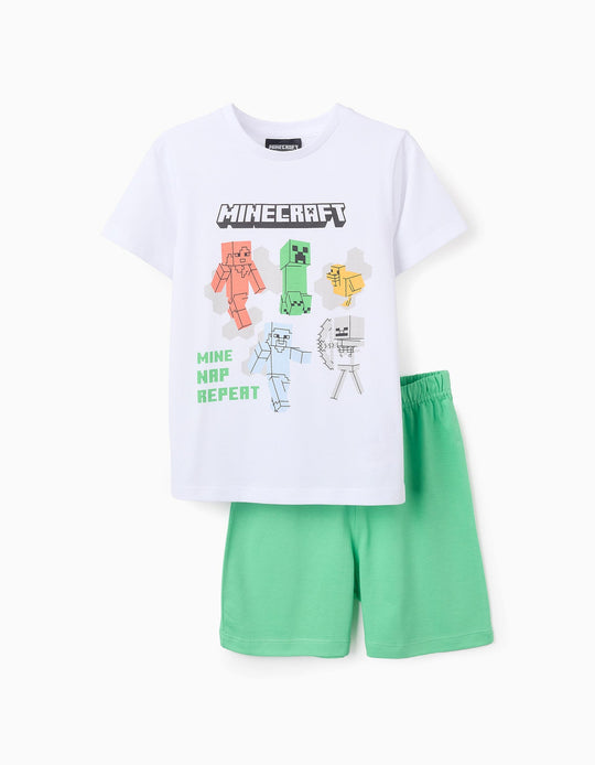 بيجاما قطنية قصيرة للأولاد ماينكرافت، أبيض/أخضر