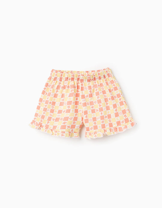 شورت قطني بكشكش ورسمة للبنات، أصفر/برتقالي