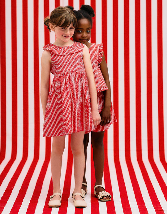 فستان مخطط بنسيج مجعد بكشاكش للبنات، أحمر/أبيض