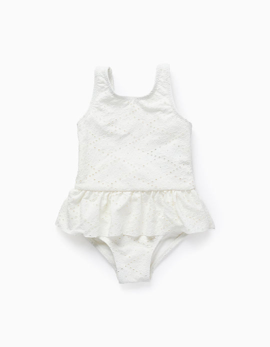 Floral Swimsuit with Ruffles and Embroidery for Baby Girls, White