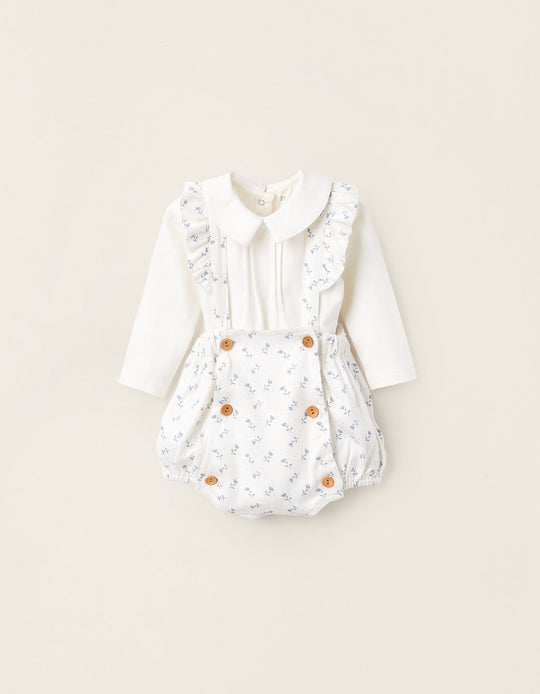 Bodysuit + Floral Bloomers with Straps for Newborn Girls, White