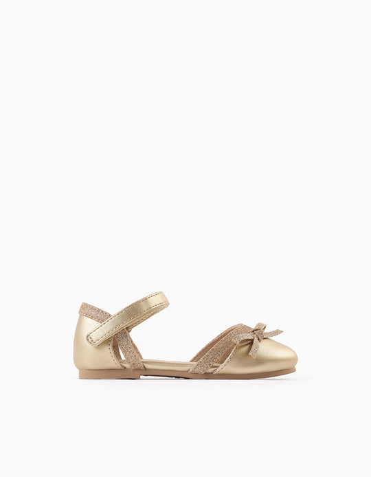 باليرينا فلات مزينة بفيونكة لامعة للمواليد البنات، ذهبي