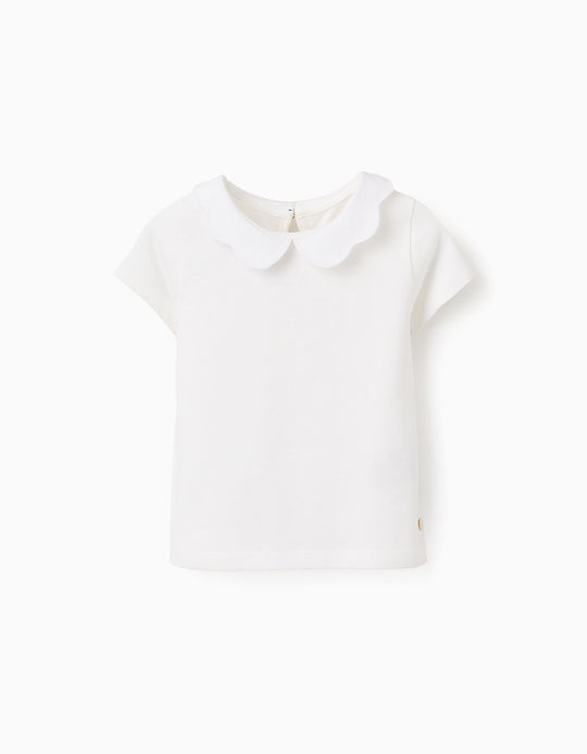Cotton T-shirt with Wavy Collar for Baby Girls, White