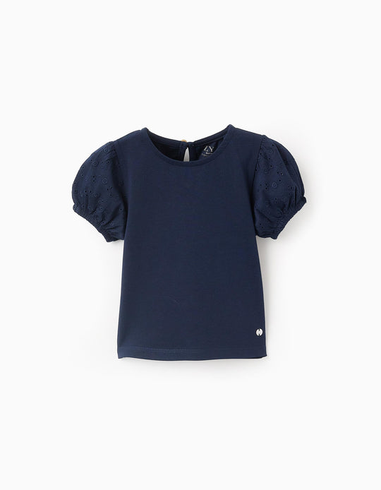 T-shirt with Broderie Anglaise Sleeves for Baby Girls, Dark Blue