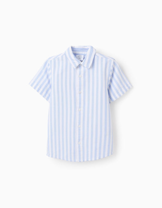 قميص مخطط نص كم للأولاد، أبيض/أزرق