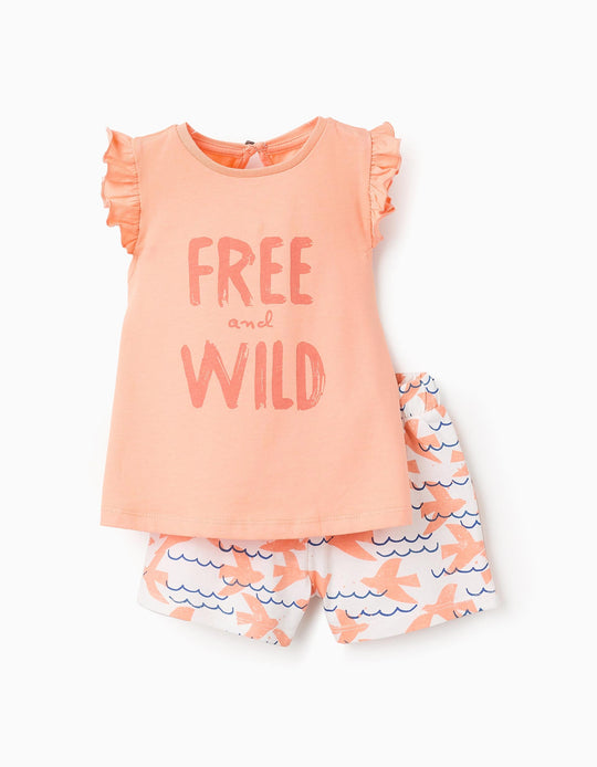 T-shirt + Shorts with Motif for Baby Girls 'Free', Coral/White