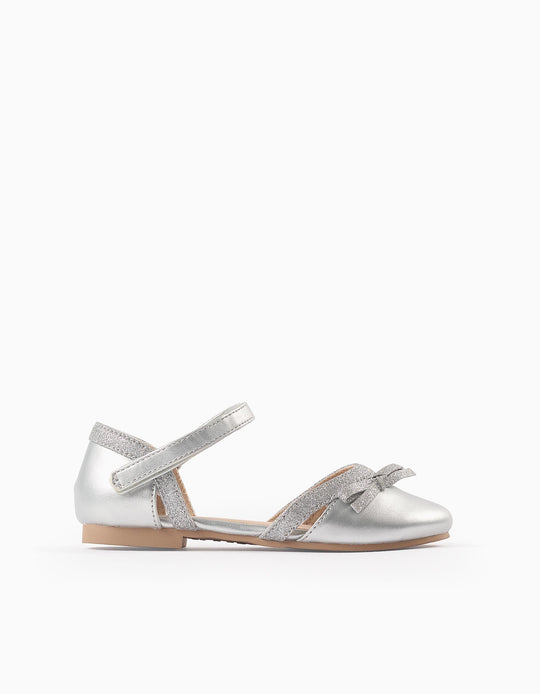Glitter Ballerina Flats with Bow for Girls, Silver