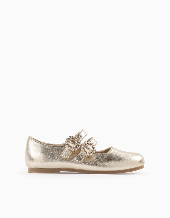 Mary Jane Shoes with Buckles and Sparkles for Girls, Gold