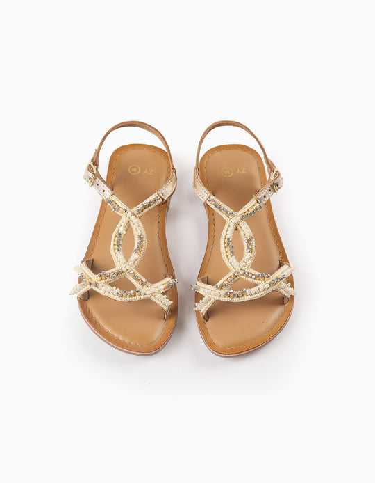 صندل جلد مزين بالخرز وسترَس للبنات، ذهبي/بيج