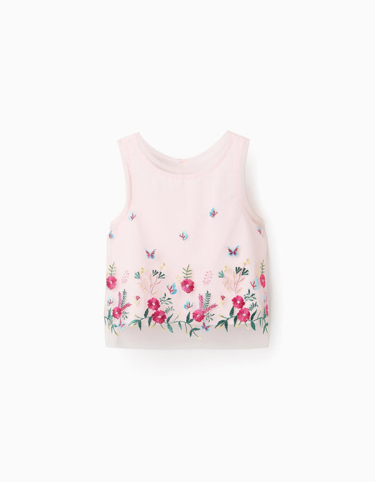 Tulle Top with Colourful Embroideries for Girls, Pink