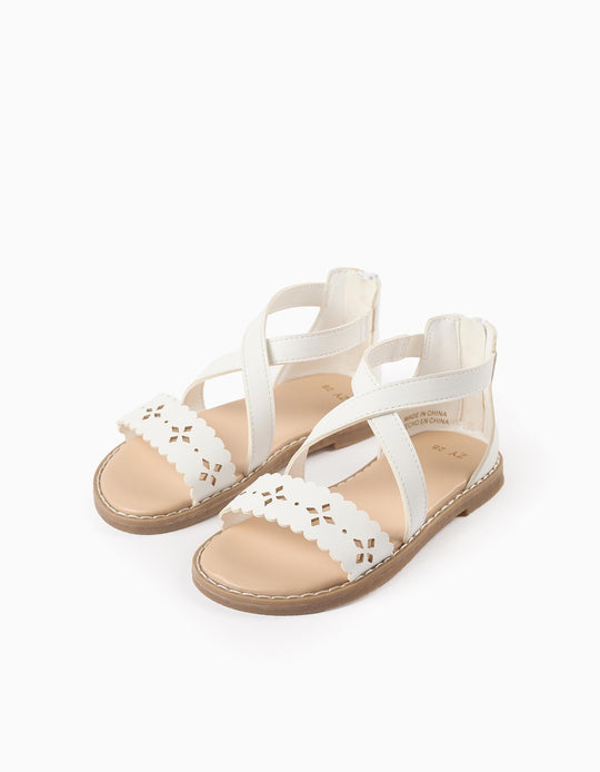 صندل مزين بثقوب للبنات، أبيض