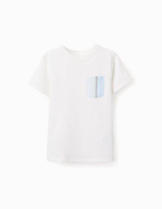 Cotton T-shirt with Striped Pocket for Boys, White