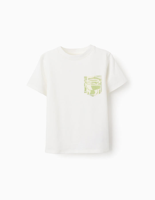 تيشيرت قطن بجيب متباين للأولاد، أبيض