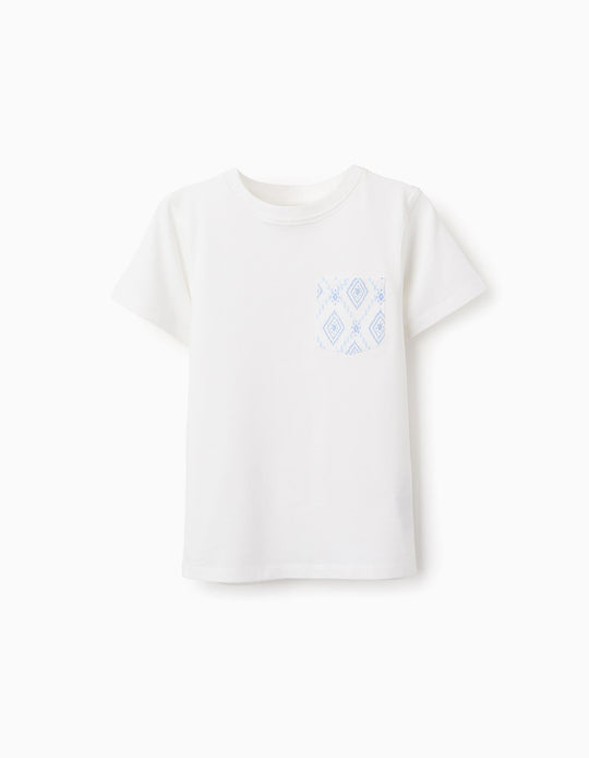 Cotton T-shirt with Pocket for Boys, White