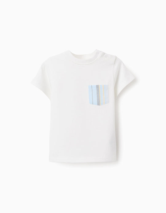 Cotton T-shirt with Striped Pocket for Baby Boys, White