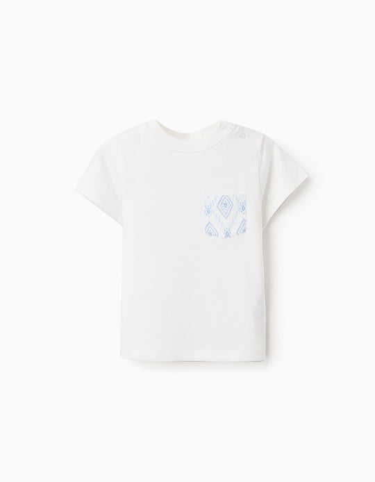 Cotton T-shirt with Pocket for Baby Boys, White
