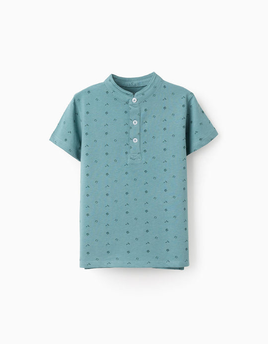 Cotton T-shirt with Mandarin Collar and Motif for Boys, Green