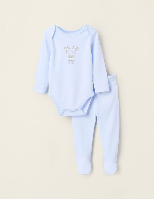 Cotton Bodysuit + Footed Trousers for Baby Boys 'Giraffe', Light Blue