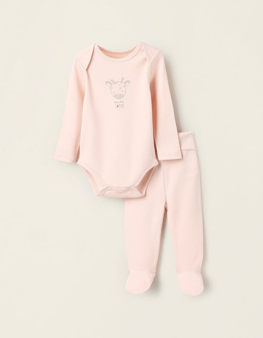 Cotton Bodysuit + Footed Trousers for Baby Girls 'Giraffe', Light Pink