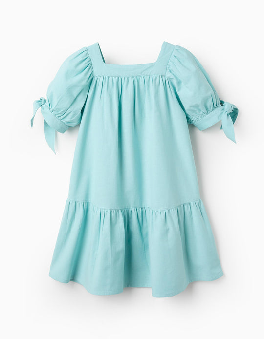 Cotton and Linen Dress for Girls, Light Blue