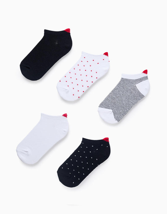 Pack of 5 Pairs of Ankle Socks with Heart for Girls, White/Navy Blue