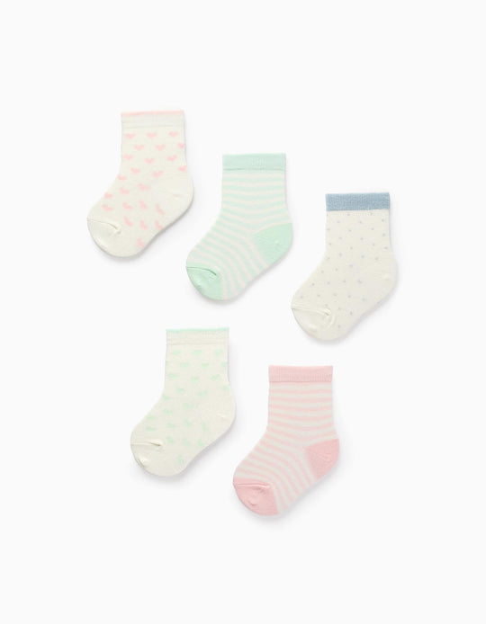 باك من 5 أزواج جوارب للرضع البنات مخططة وقلوب ومنقطة، أبيض