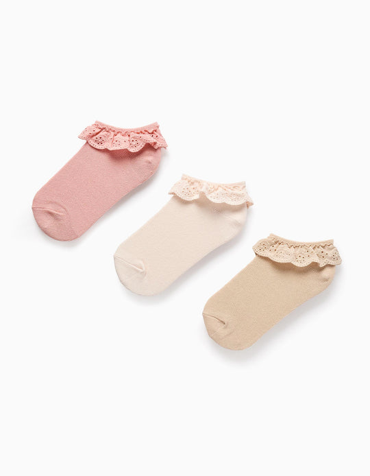 Pack of 3 Ankle Socks with Broderie Anglaise Ruffles for Girls, Pink/Beige