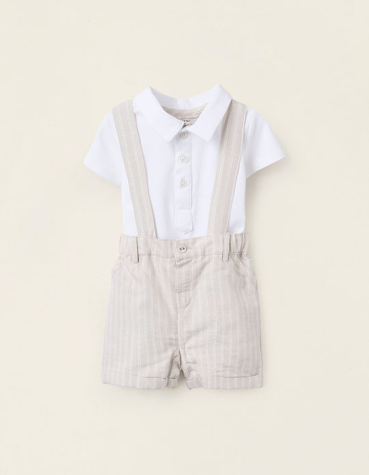 قميص بولو + شورت بأحزمة قابلة للإزالة للمواليد، أبيض/بيج
