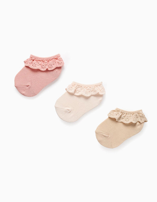 Pack of 3 Ankle Socks with Broderie Anglaise Ruffles for Baby Girls, Pink/Beige