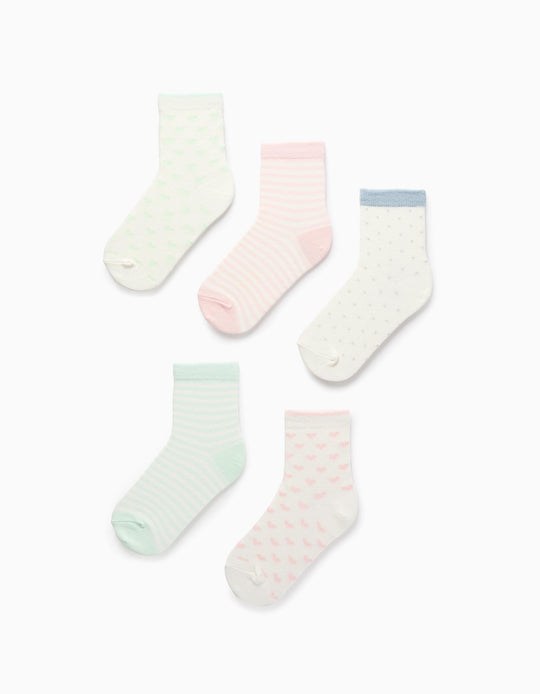 Pack of 5 Pairs of Socks for Girls 'Stripes, Hearts & Polka Dots', White
