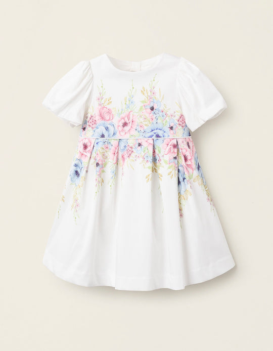 فستان مزهر بقصّة منفوشة للفتيات الرضع، أبيض