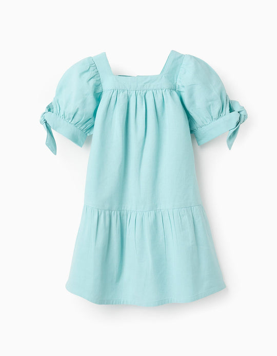 Cotton and Linen Dress for Baby Girls, Light Blue