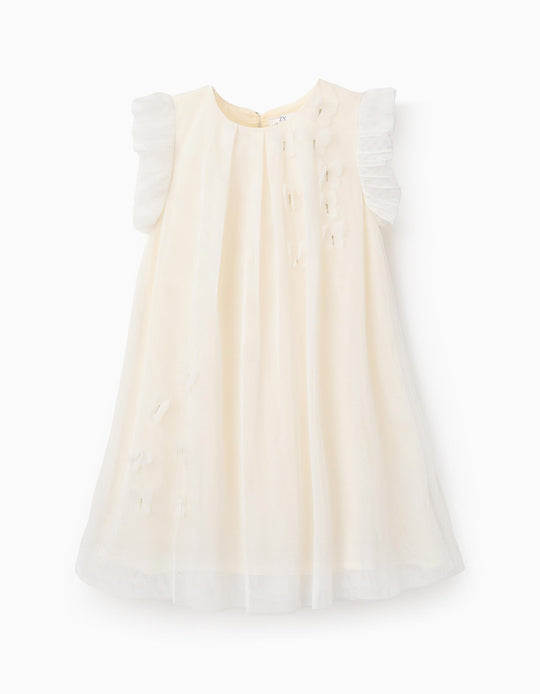 فستان تول مزين بفراشات للبنات، أبيض