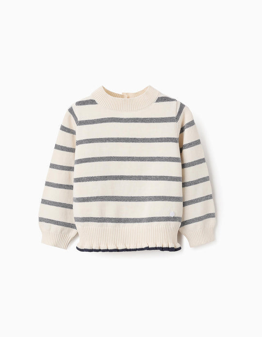 كنزة قطنية مخططة بكرانيش للرضع البنات، بيج/أزرق